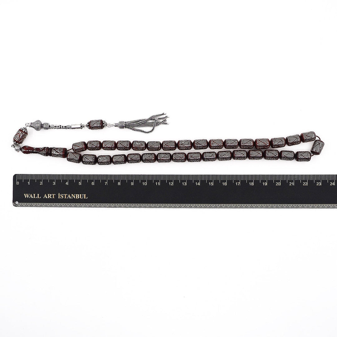 Silver Inlaid Capsule Cut Kuka Wood Tasbeeh (with Silver Tassel & Special Box) - WATD500