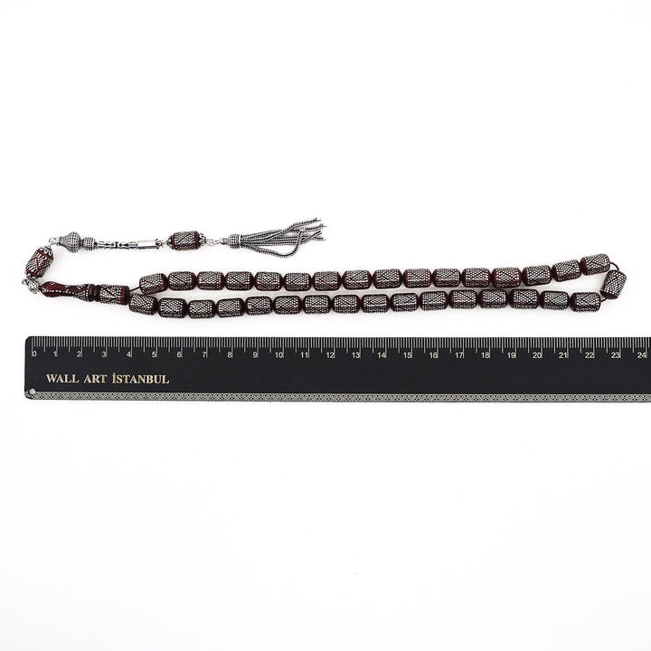 Silver Inlaid Capsule Cut Kuka Wood Tasbeeh (with Silver Tassel & Special Box) - WATD500