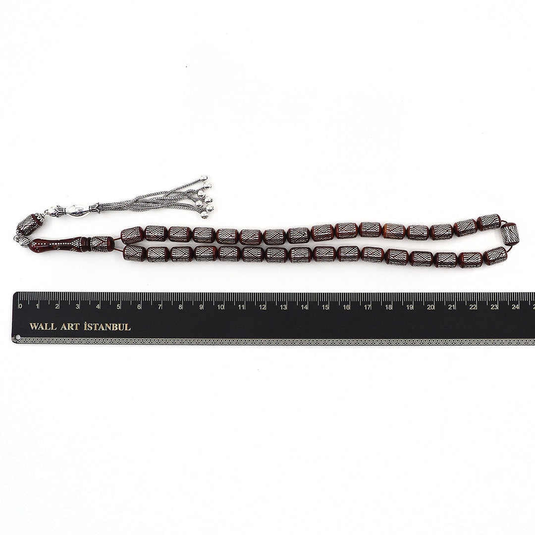 Silver Inlaid Capsule Cut Kuka Wood Tasbeeh (with Silver Tassel & Special Box) - WATD501