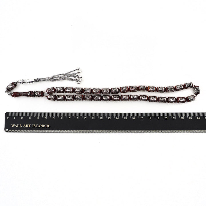 Silver Inlaid Capsule Cut Kuka Wood Tasbeeh (with Silver Tassel & Special Box) - WATD501