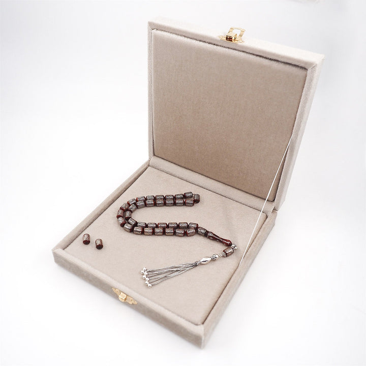 Silver Inlaid Capsule Cut Kuka Wood Tasbeeh (with Silver Tassel & Special Box) - WATD501