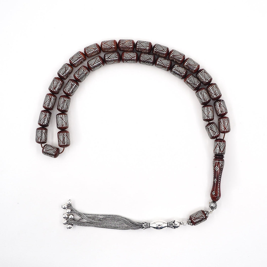 Silver Inlaid Capsule Cut Kuka Wood Tasbeeh (with Silver Tassel & Special Box) - WATD501