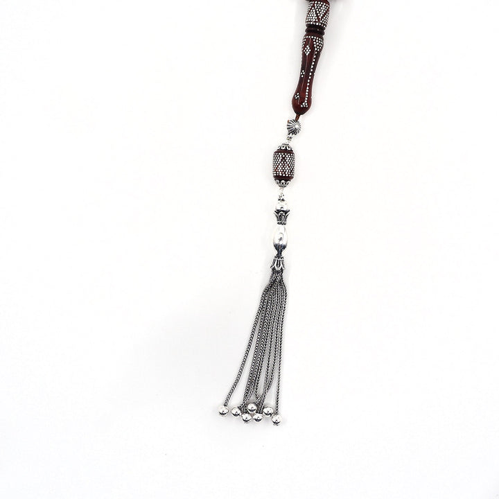 Silver Inlaid Capsule Cut Kuka Wood Tasbeeh (with Silver Tassel & Special Box) - WATD501