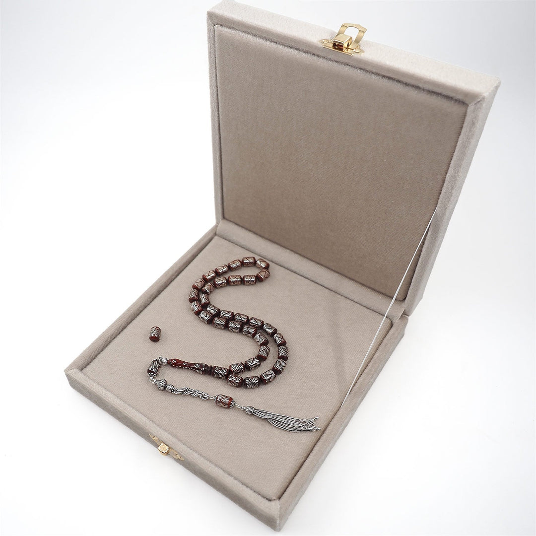 Silver Inlaid Capsule Cut Kuka Wood Tasbeeh (with Silver Tassel & Special Box) - WATD502