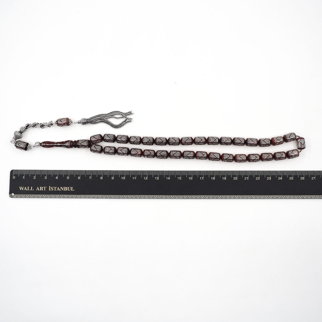 Silver Inlaid Capsule Cut Kuka Wood Tasbeeh (with Silver Tassel & Special Box) - WATD502