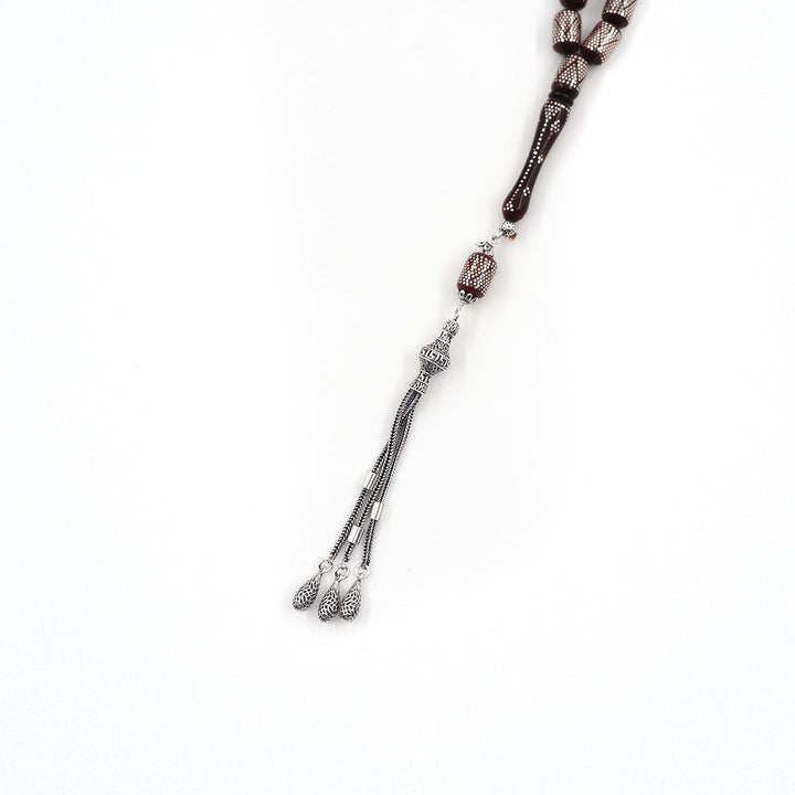 Silver Inlaid Capsule Cut Kuka Wood Tasbeeh (with Silver Tassel & Special Box) - WATD503
