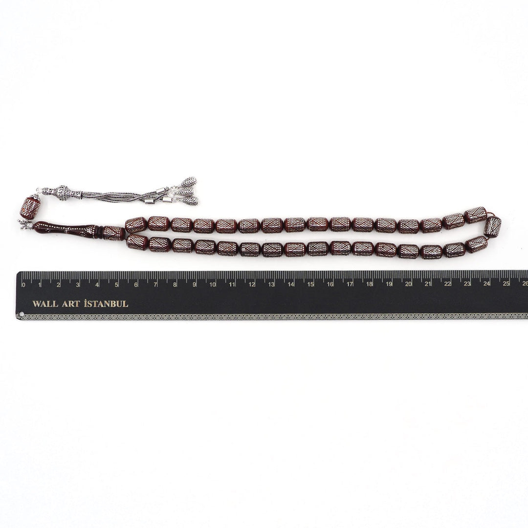 Silver Inlaid Capsule Cut Kuka Wood Tasbeeh (with Silver Tassel & Special Box) - WATD503