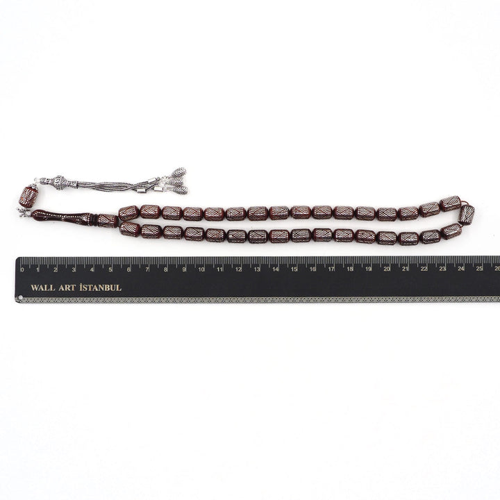 Silver Inlaid Capsule Cut Kuka Wood Tasbeeh (with Silver Tassel & Special Box) - WATD503