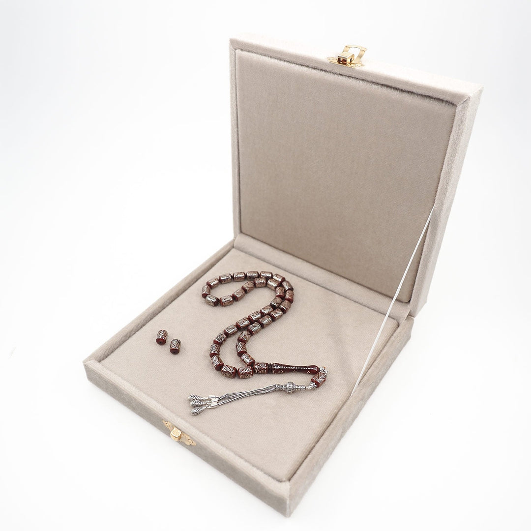 Silver Inlaid Capsule Cut Kuka Wood Tasbeeh (with Silver Tassel & Special Box) - WATD503