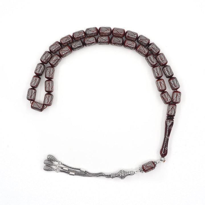 Silver Inlaid Capsule Cut Kuka Wood Tasbeeh (with Silver Tassel & Special Box) - WATD503