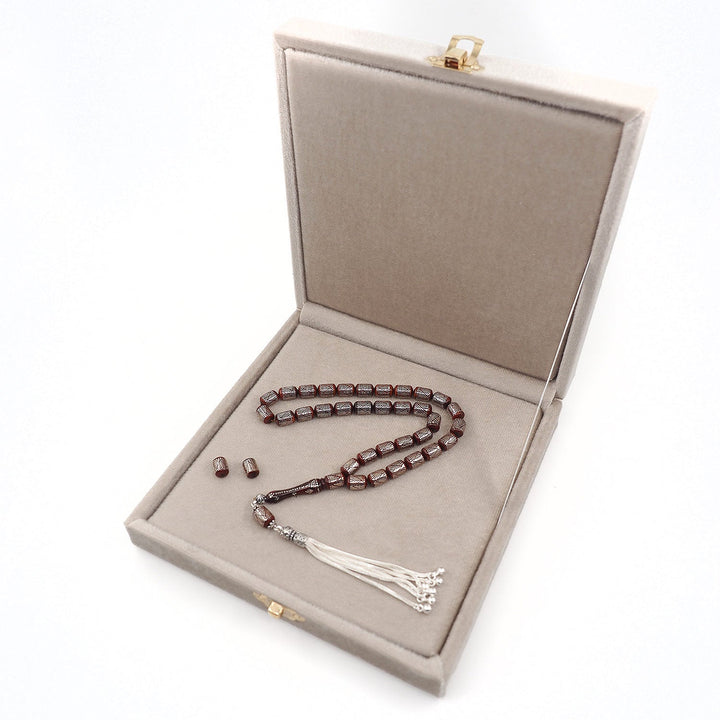 Silver Inlaid Capsule Cut Kuka Wood Tasbeeh (with Silver Tassel & Special Box) - WATD504