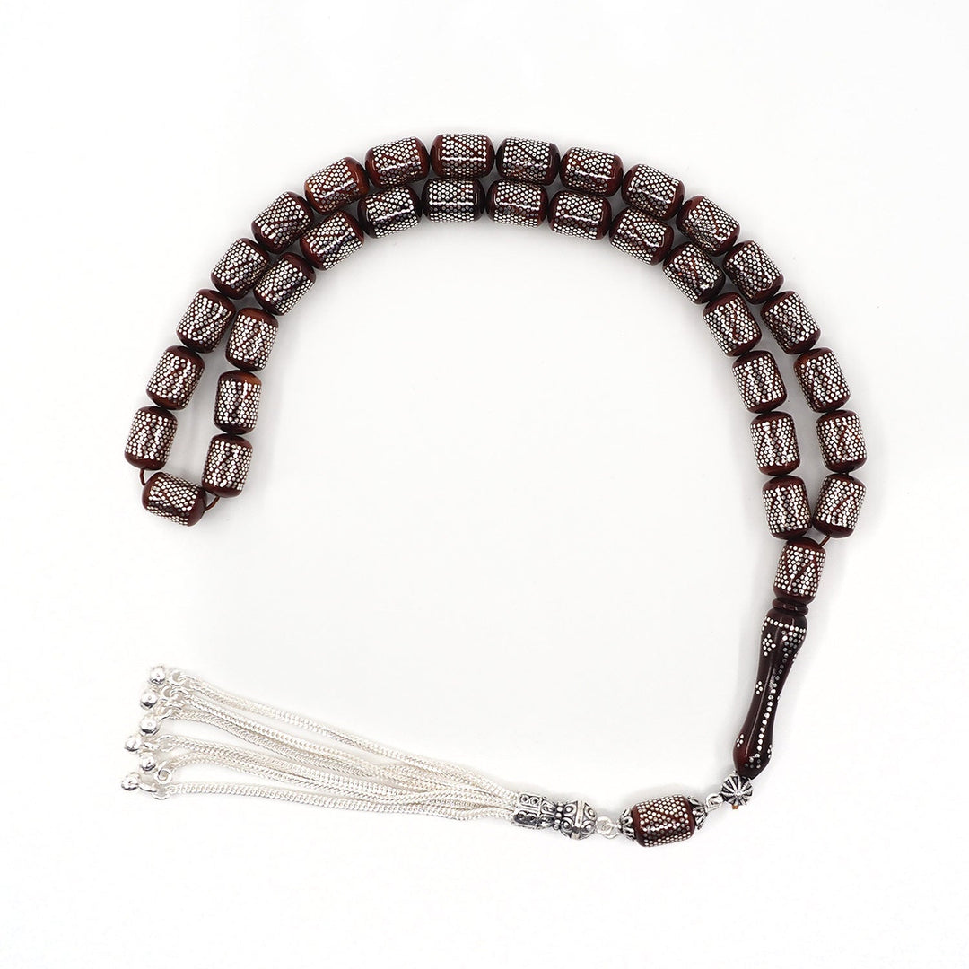Silver Inlaid Capsule Cut Kuka Wood Tasbeeh (with Silver Tassel & Special Box) - WATD504