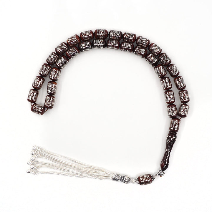 Silver Inlaid Capsule Cut Kuka Wood Tasbeeh (with Silver Tassel & Special Box) - WATD504