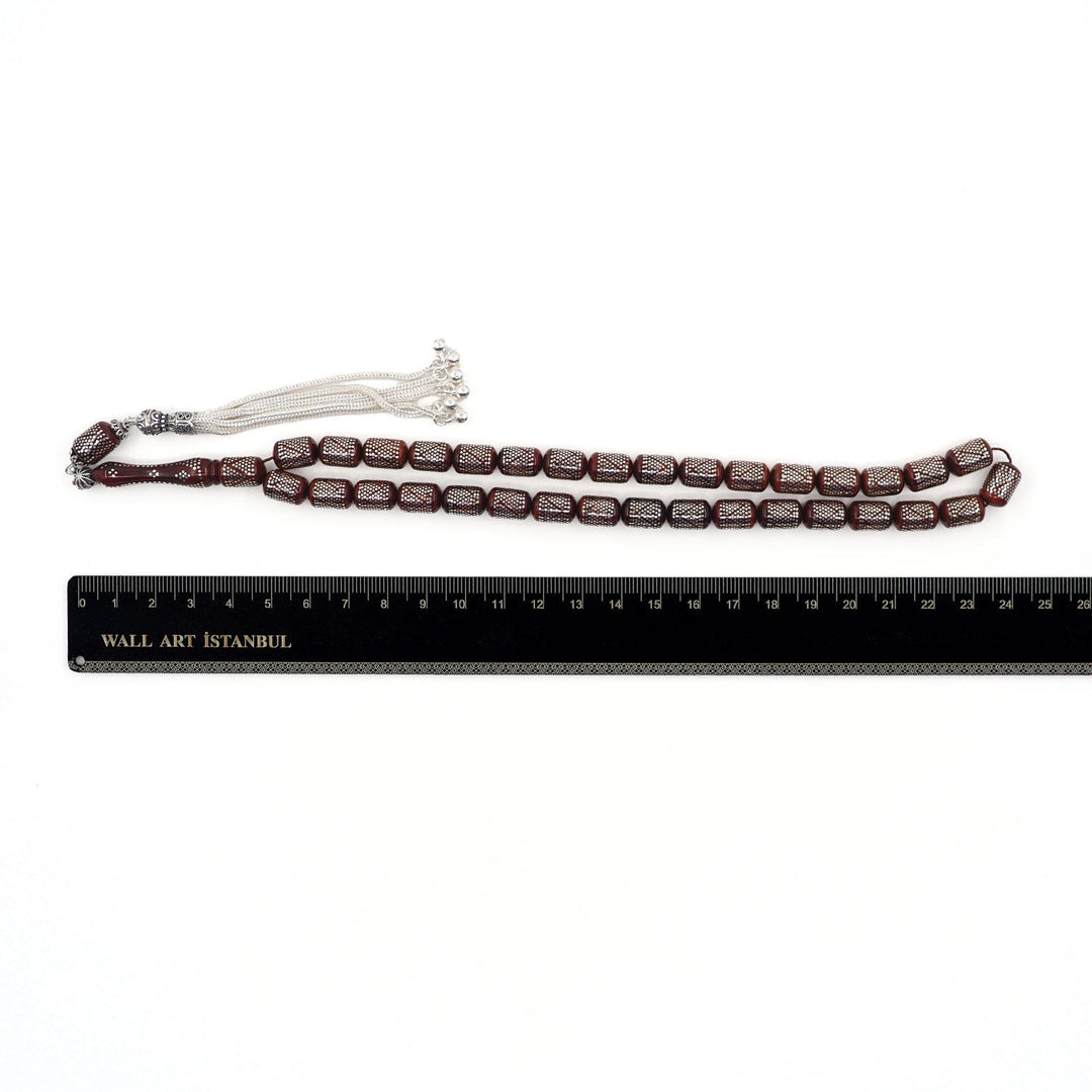 Silver Inlaid Capsule Cut Kuka Wood Tasbeeh (with Silver Tassel & Special Box) - WATD504