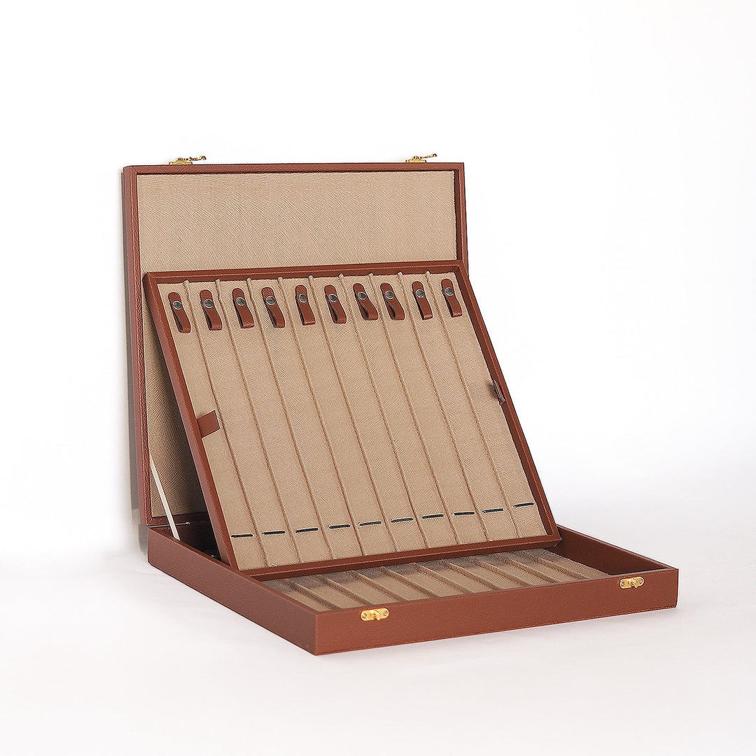 Exclusive Tan Brown Leather-Covered Wooden Tasbeeh Case (For up to 21 Tasbeehs) - WATD505