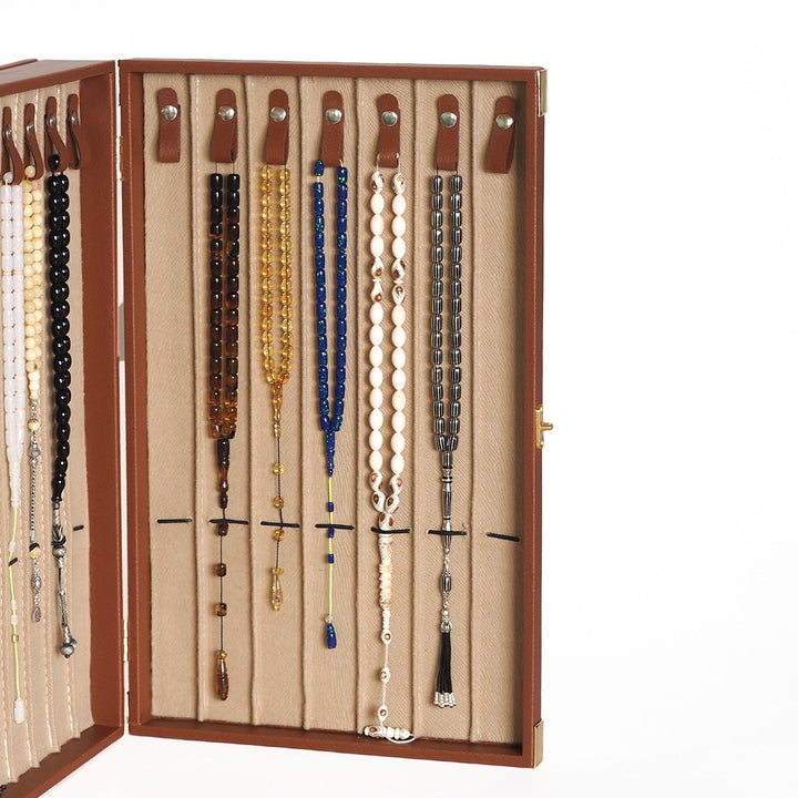 Exclusive Tan Brown Leather-Covered Wooden Tasbeeh Case (For up to 14 Tasbeehs) - WATD506