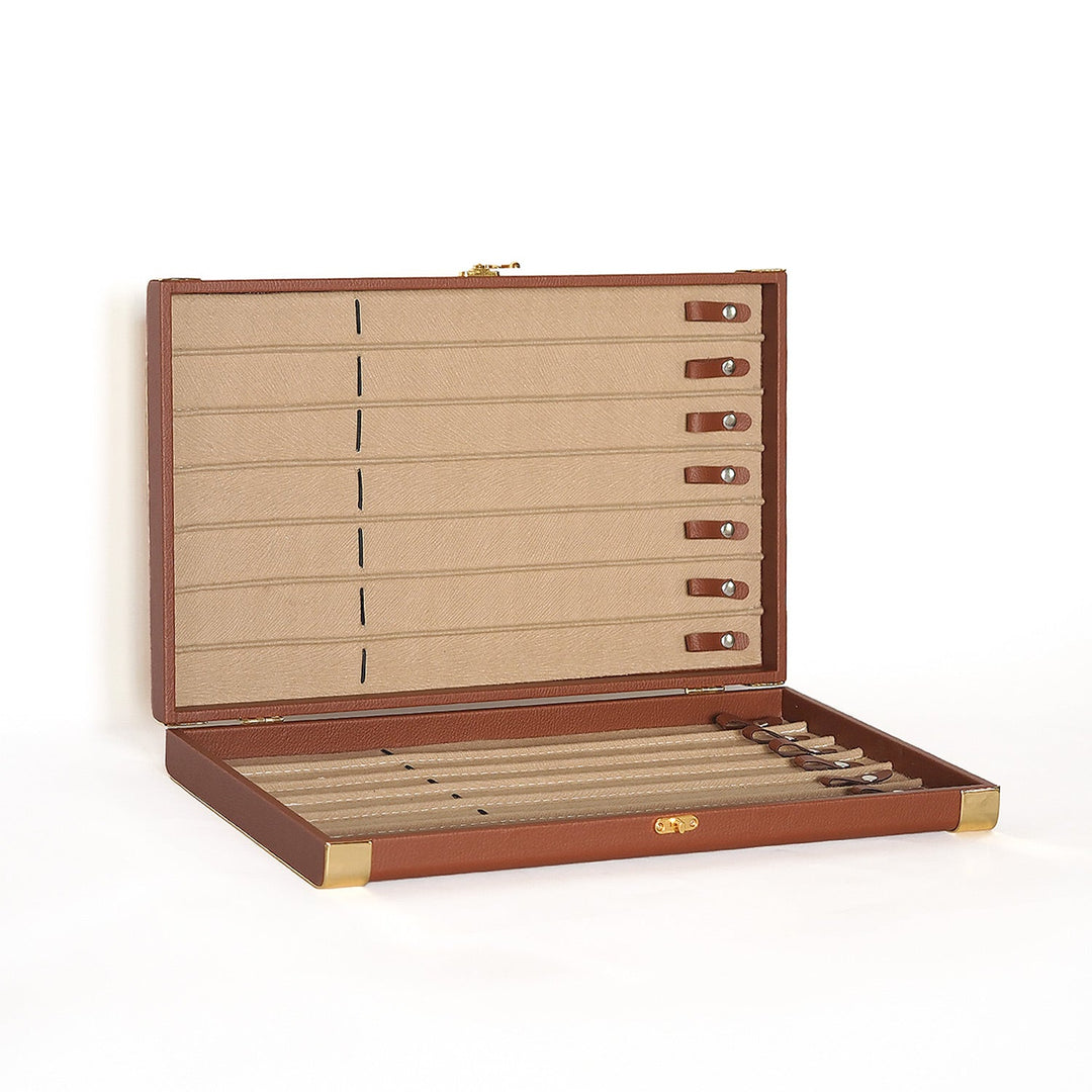 Exclusive Tan Brown Leather-Covered Wooden Tasbeeh Case (For up to 14 Tasbeehs) - WATD506