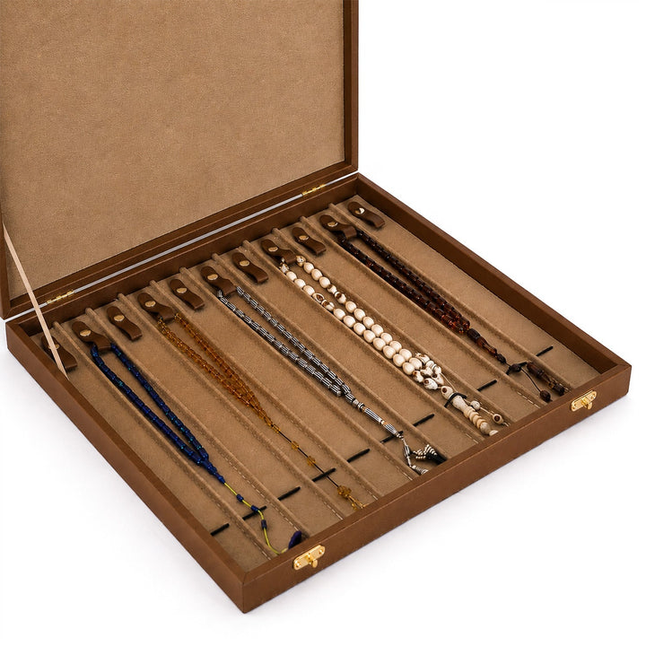 Exclusive Tan Brown Leather-Covered Wooden Tasbeeh Case (For up to 11 Tasbeehs) - WATD507