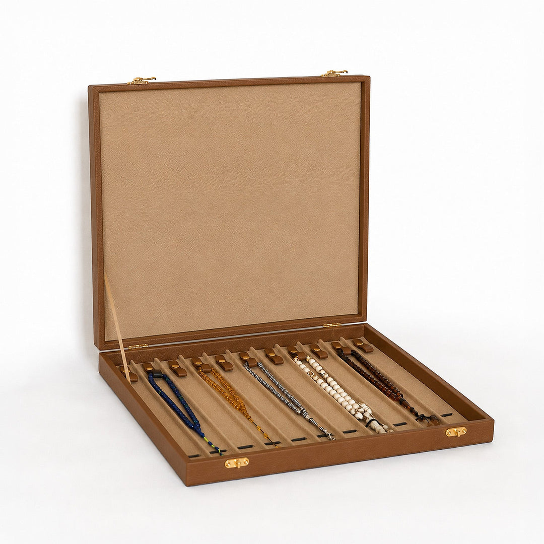Exclusive Tan Brown Leather-Covered Wooden Tasbeeh Case (For up to 11 Tasbeehs) - WATD507