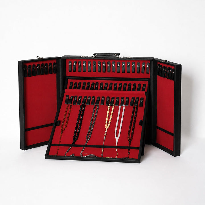 Exclusive Black Leather-Covered Wooden Tasbeeh Case (For up to 67 Tasbeehs) - WATD511