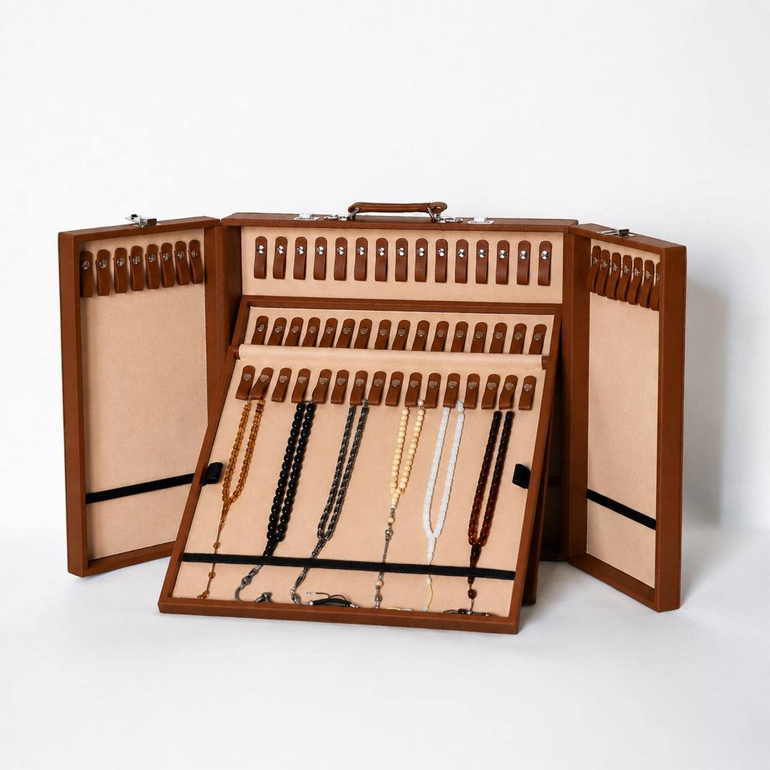 Exclusive Tan Brown Leather-Covered Wooden Tasbeeh Case (For up to 67 Tasbeehs) - WATD511