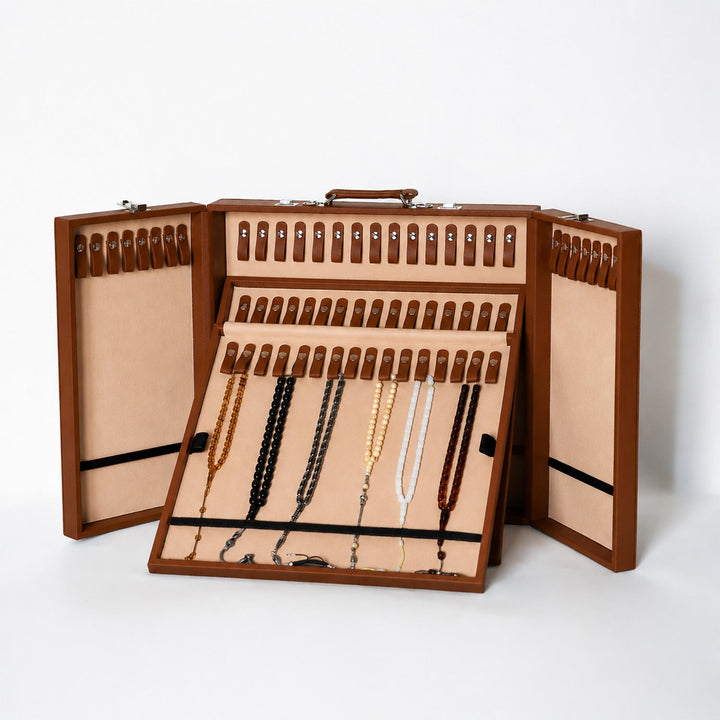 Exclusive Tan Brown Leather-Covered Wooden Tasbeeh Case (For up to 67 Tasbeehs) - WATD511