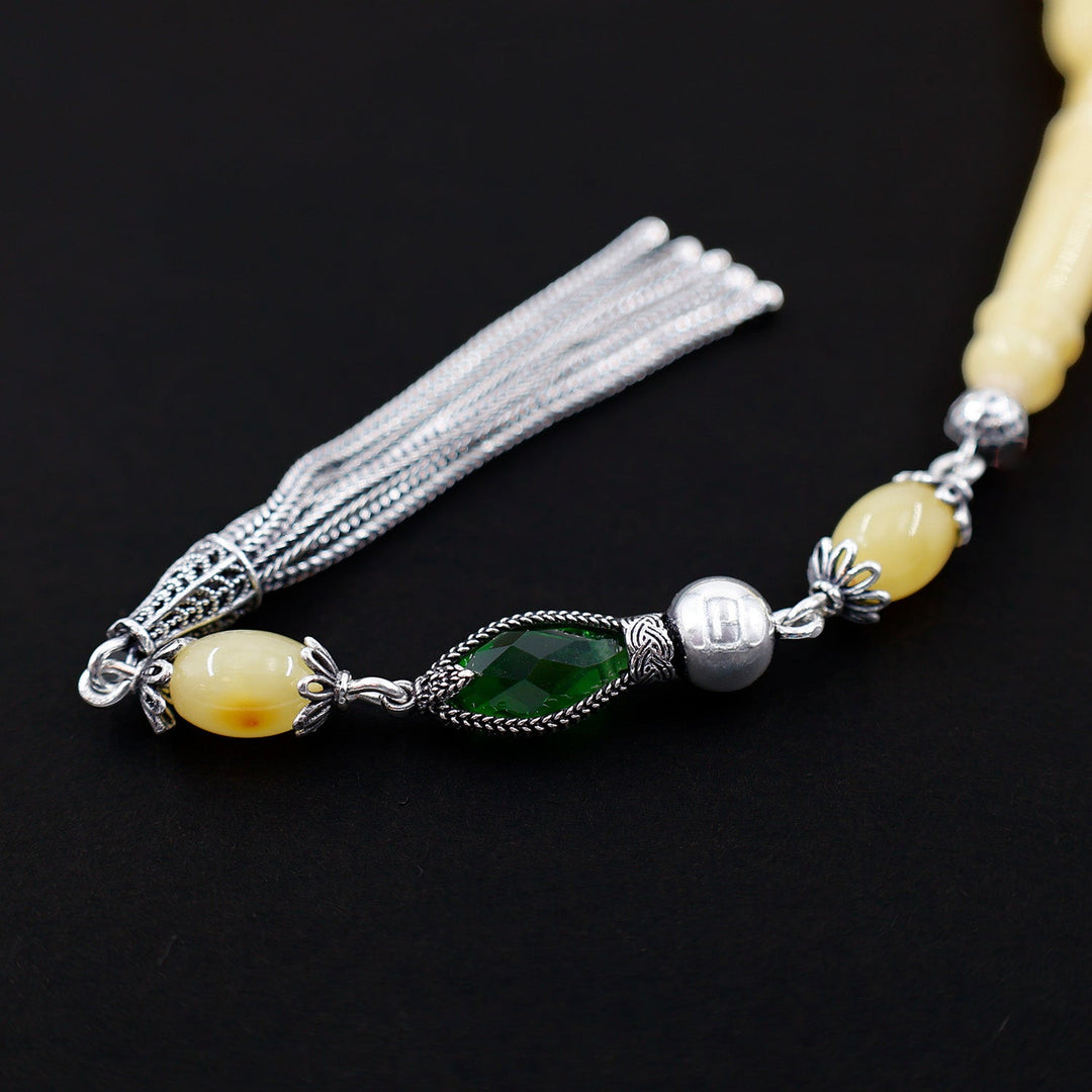 Premium Natural Baltic Amber Capsule Cut Silver Tassel Tasbeeh - WATD673