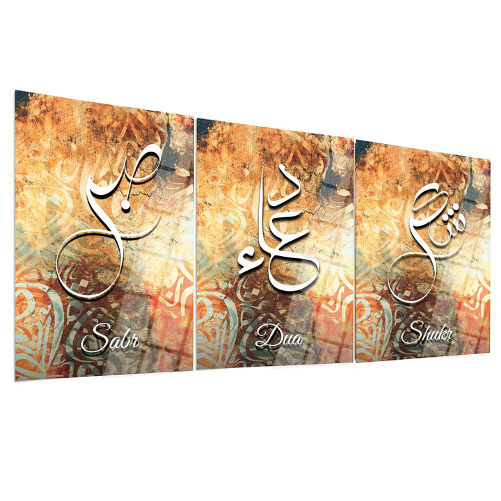 Sabr, Shukr, Dua Written Set of 3 Glass Islamic Wall Art - WTC054